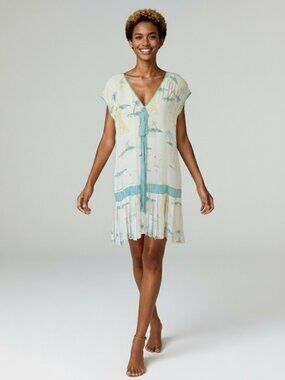 Vintage 80s Light Aqua Tropical Print Tie-Front Midi Dress